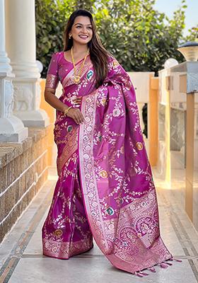 Onion Pink Wevon Meenakari Designer Banarasi Silk Saree Set