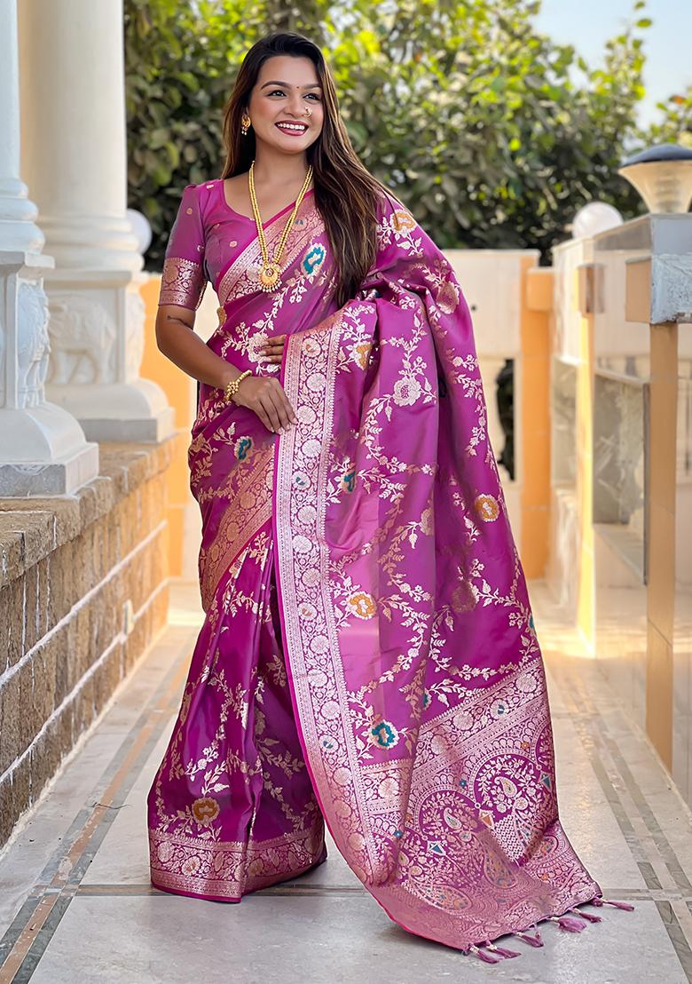 Onion Pink Wevon Meenakari Designer Banarasi Silk Saree Set