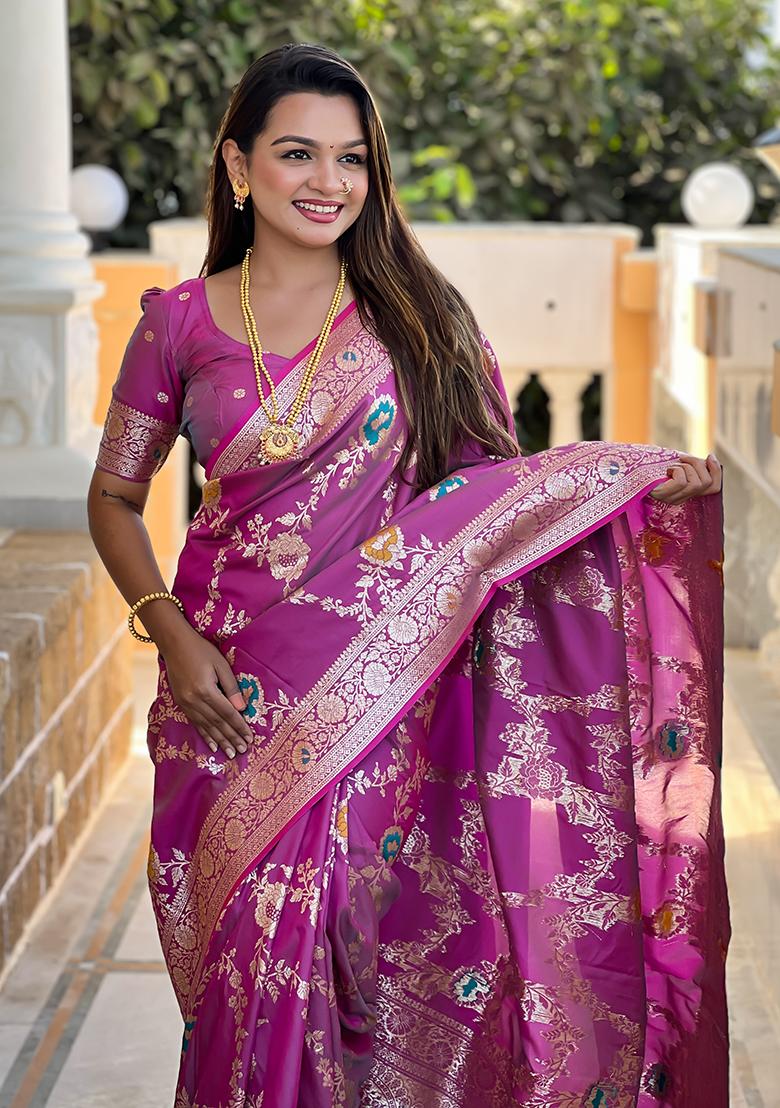 Onion Pink Wevon Meenakari Designer Banarasi Silk Saree Set