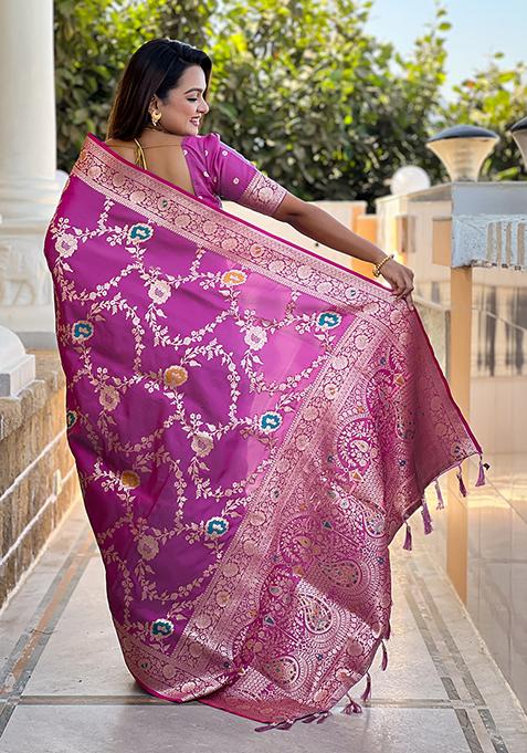 Onion Pink Wevon Meenakari Designer Banarasi Silk Saree Set