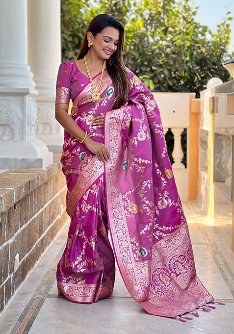 Onion Pink Wevon Meenakari Designer Banarasi Silk Saree Set