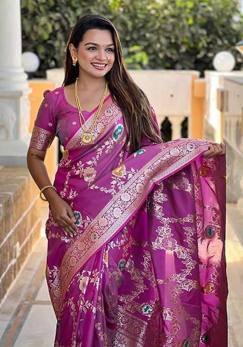 Onion Pink Wevon Meenakari Designer Banarasi Silk Saree Set