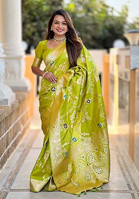 Parrot Green Wevon Meenakari Designer Banarasi Silk Saree Set