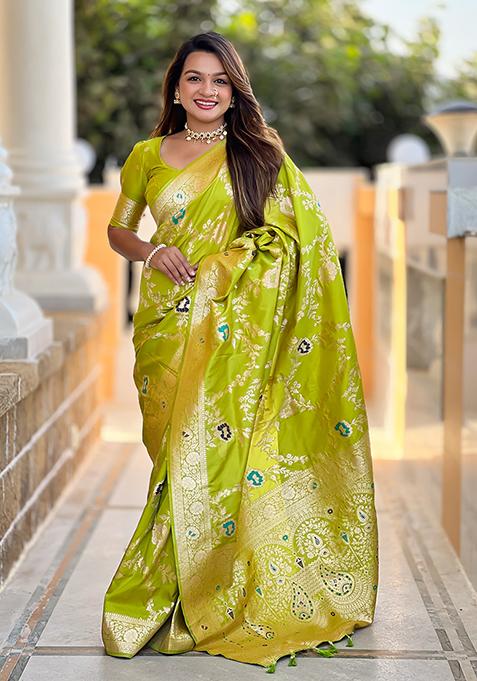 Parrot Green Wevon Meenakari Designer Banarasi Silk Saree Set
