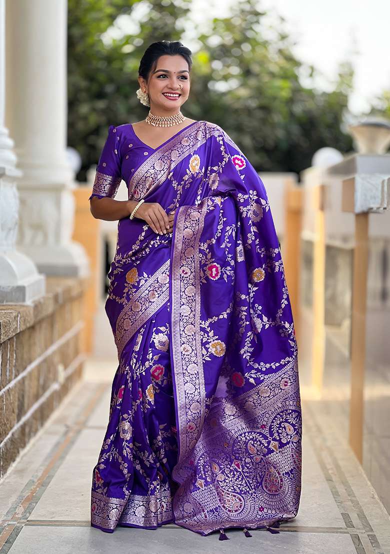 Purple Wevon Meenakari Designer Banarasi Silk Saree Set - Indya