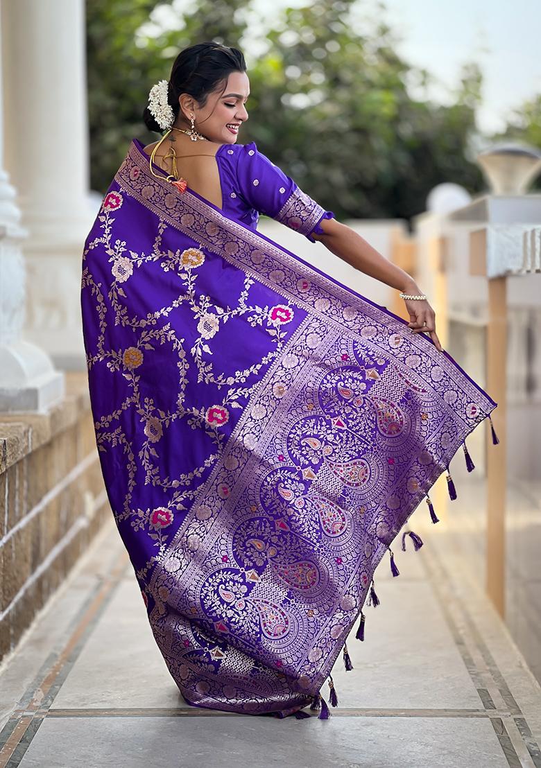 Purple Wevon Meenakari Designer Banarasi Silk Saree Set