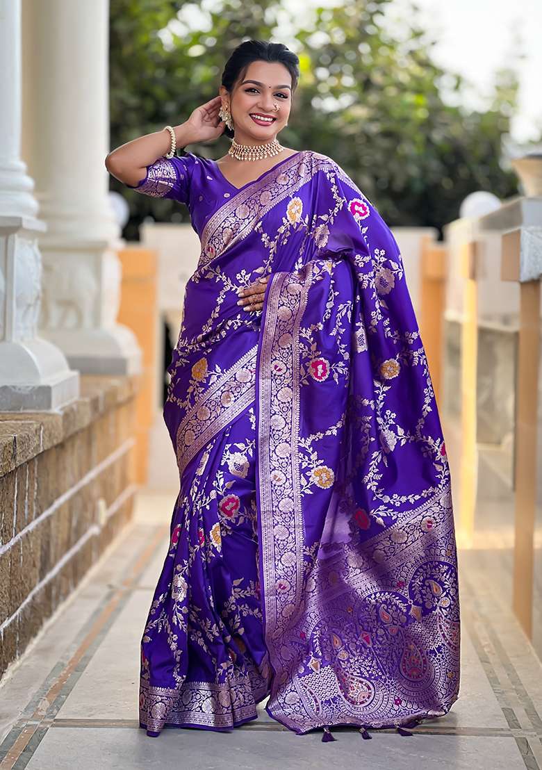 Purple Wevon Meenakari Designer Banarasi Silk Saree Set - Indya