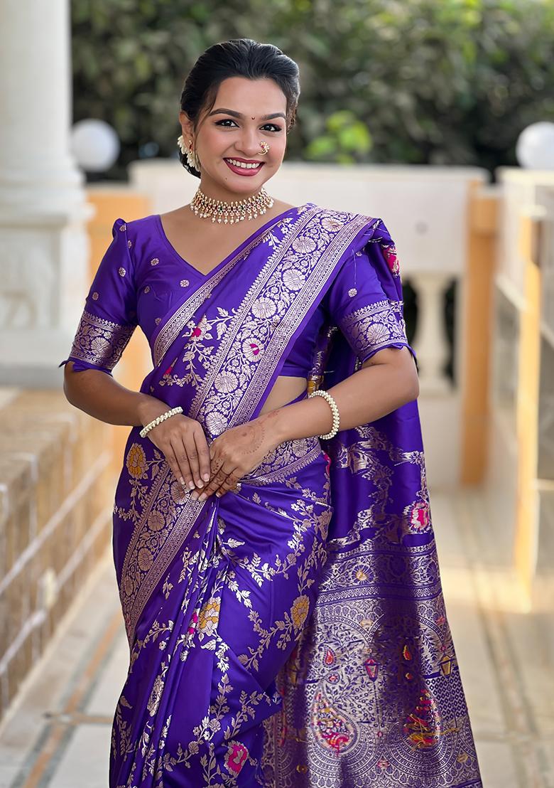 Purple Wevon Meenakari Designer Banarasi Silk Saree Set