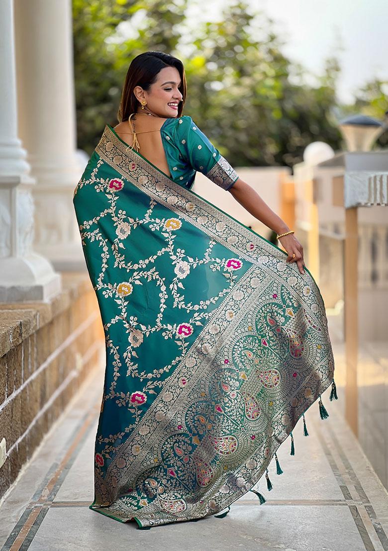 Rama Green Wevon Meenakari Designer Banarasi Silk Saree Set
