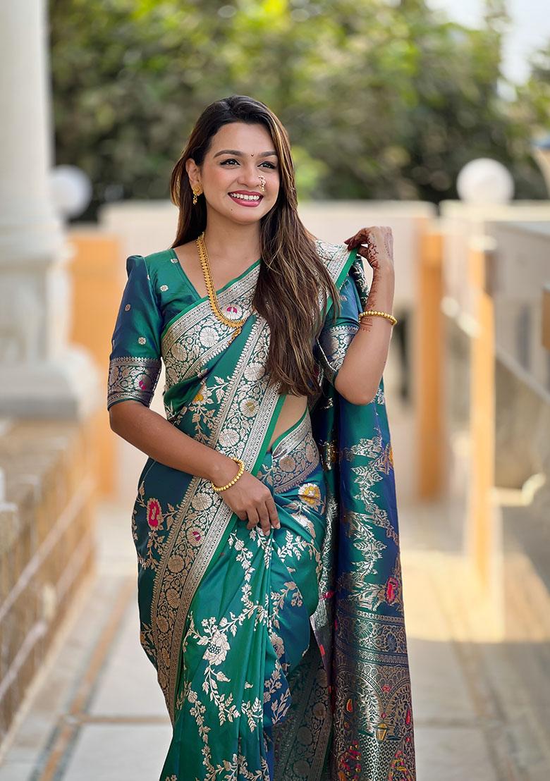 Rama Green Wevon Meenakari Designer Banarasi Silk Saree Set