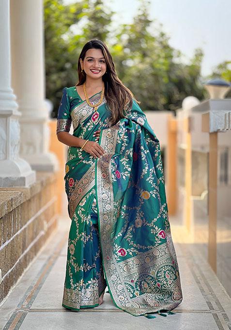 Rama Green Wevon Meenakari Designer Banarasi Silk Saree Set