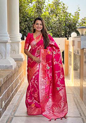 Pink Wevon Meenakari Designer Banarasi Silk Saree Set