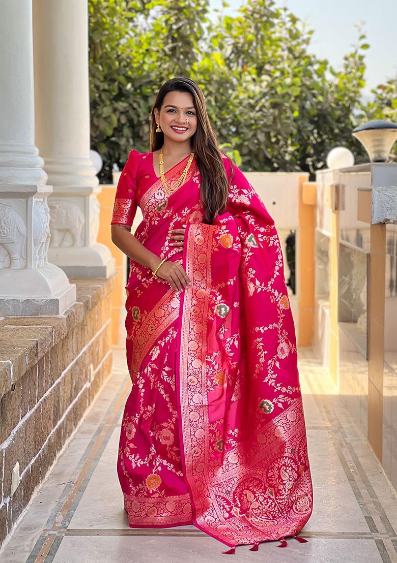 Pink Wevon Meenakari Designer Banarasi Silk Saree Set