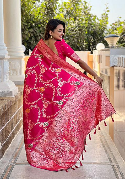 Pink Wevon Meenakari Designer Banarasi Silk Saree Set