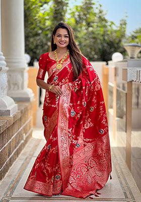 Red Wevon Meenakari Designer Banarasi Silk Saree Set
