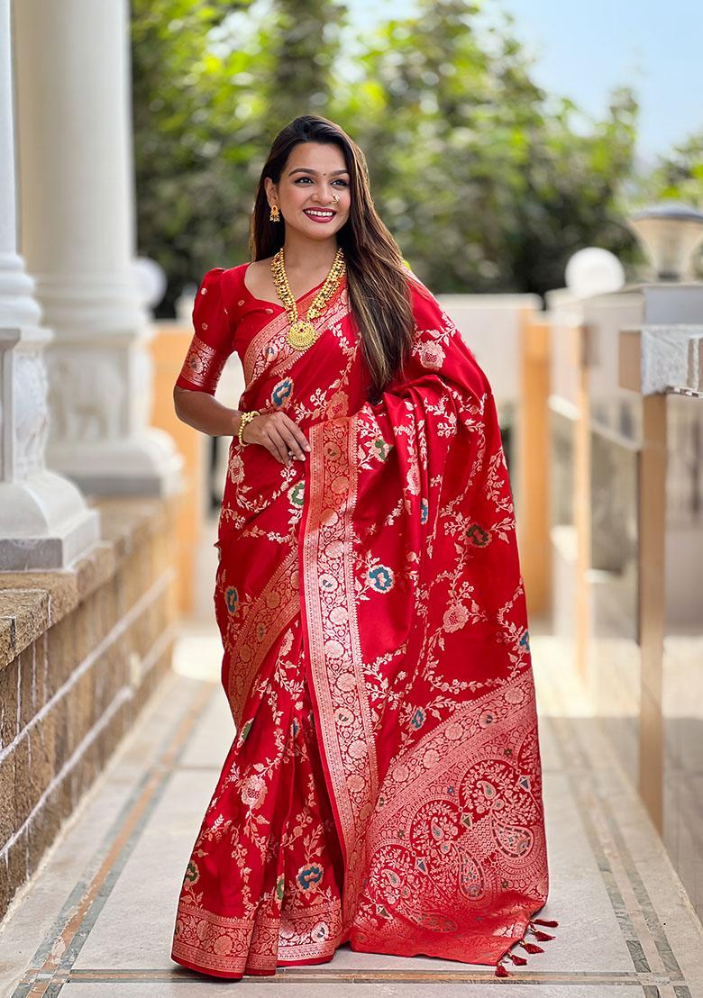 Red Wevon Meenakari Designer Banarasi Silk Saree Set