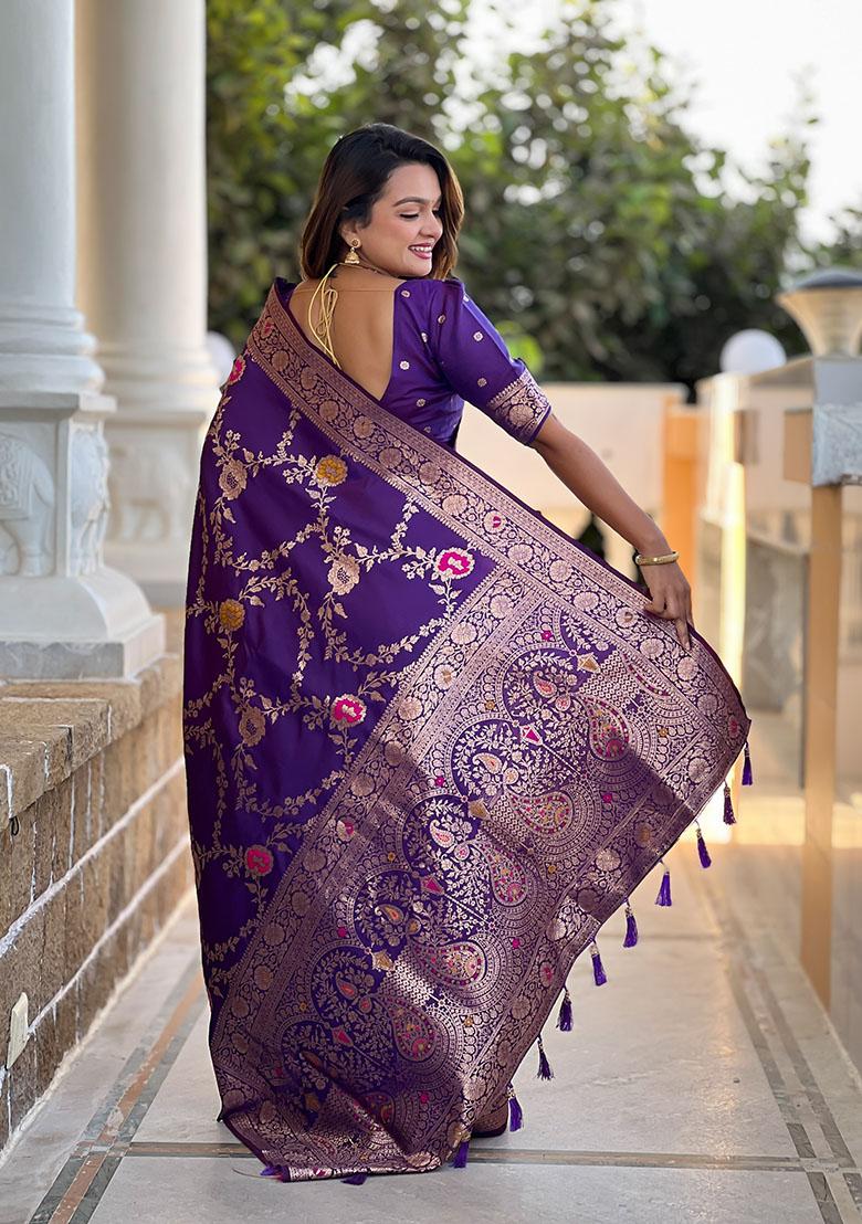 Violet Wevon Meenakari Designer Banarasi Silk Saree Set