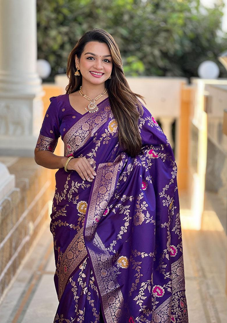 Violet Wevon Meenakari Designer Banarasi Silk Saree Set