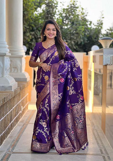 Violet Wevon Meenakari Designer Banarasi Silk Saree Set