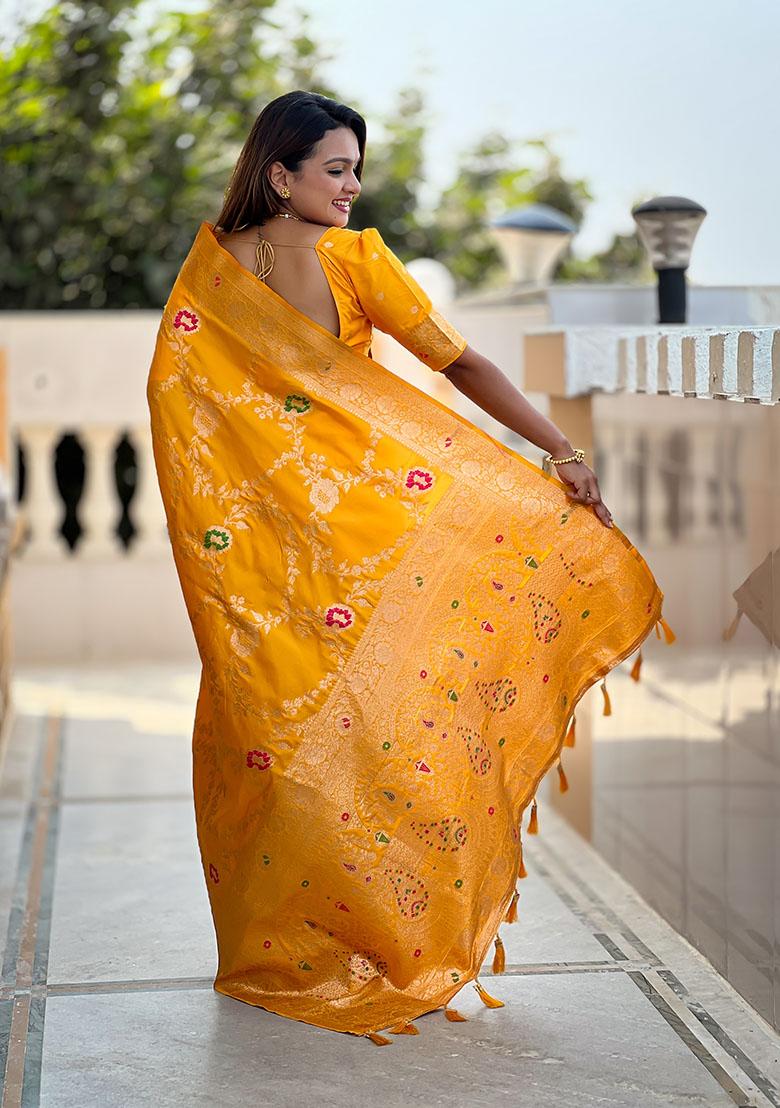 Yellow Wevon Meenakari Designer Banarasi Silk Saree Set