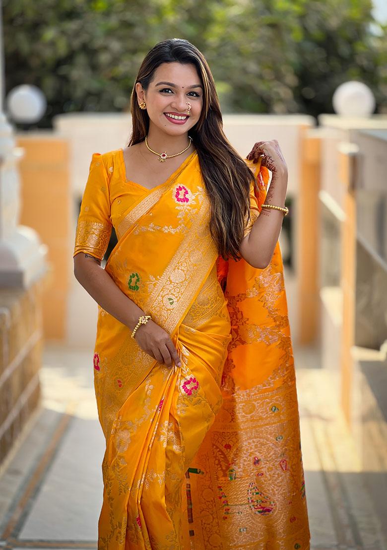 Yellow Wevon Meenakari Designer Banarasi Silk Saree Set