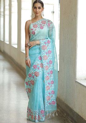 Sky Blue Designer Multy Thread Embroidery Work Organza Saree Set