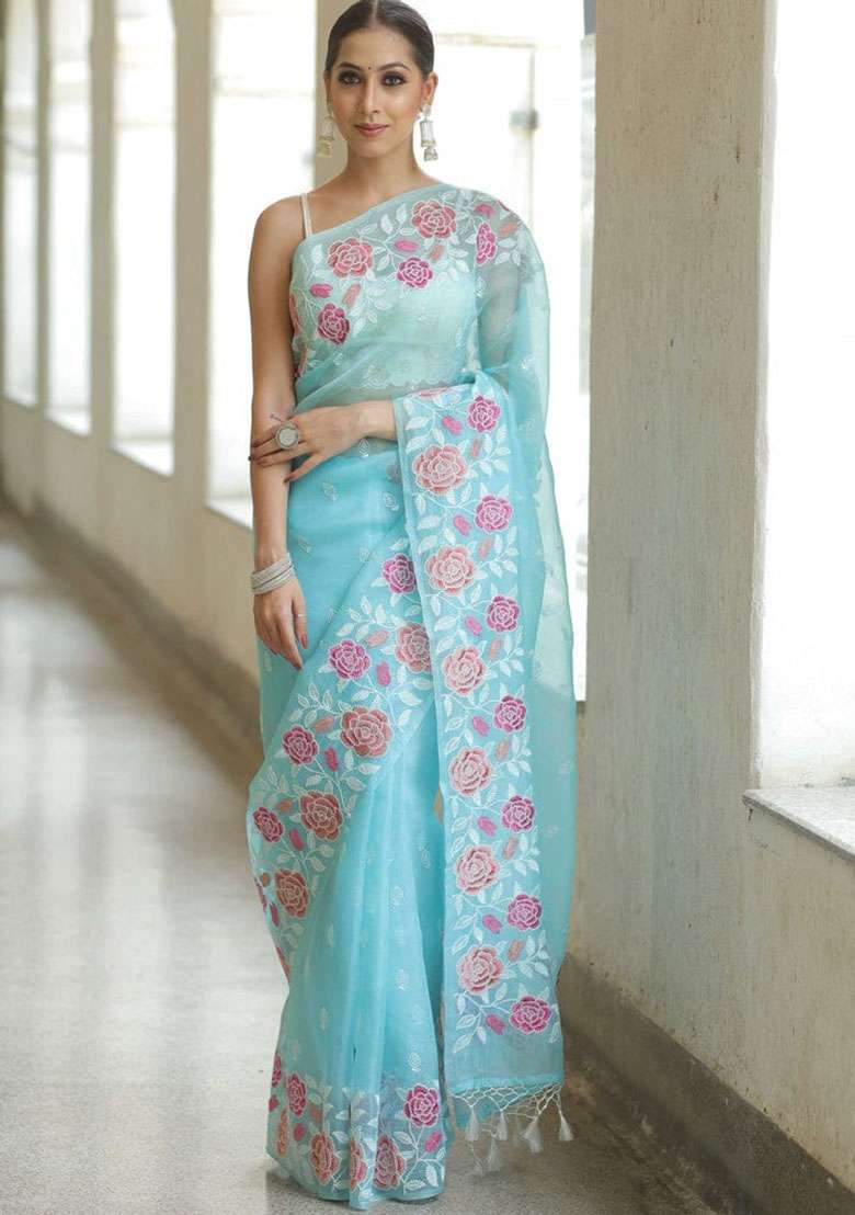 Sky Blue Designer Multy Thread Embroidery Work Organza Saree Set - Indya