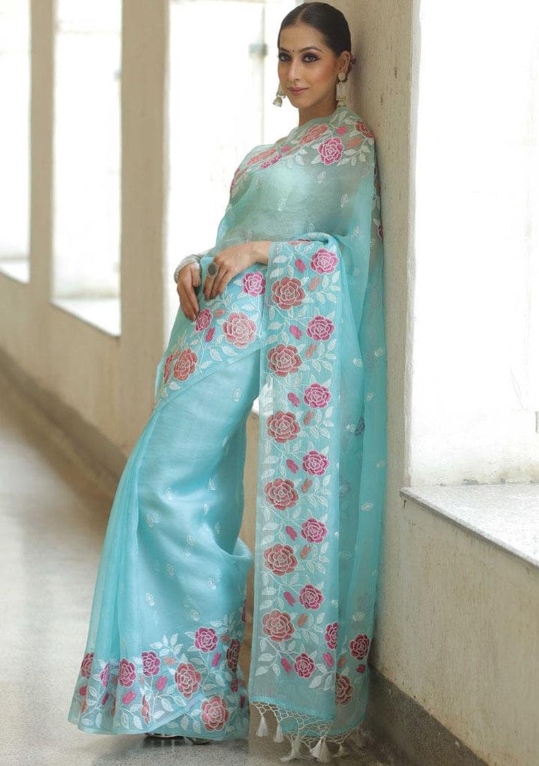 Sky Blue Designer Multy Thread Embroidery Work Organza Saree Set