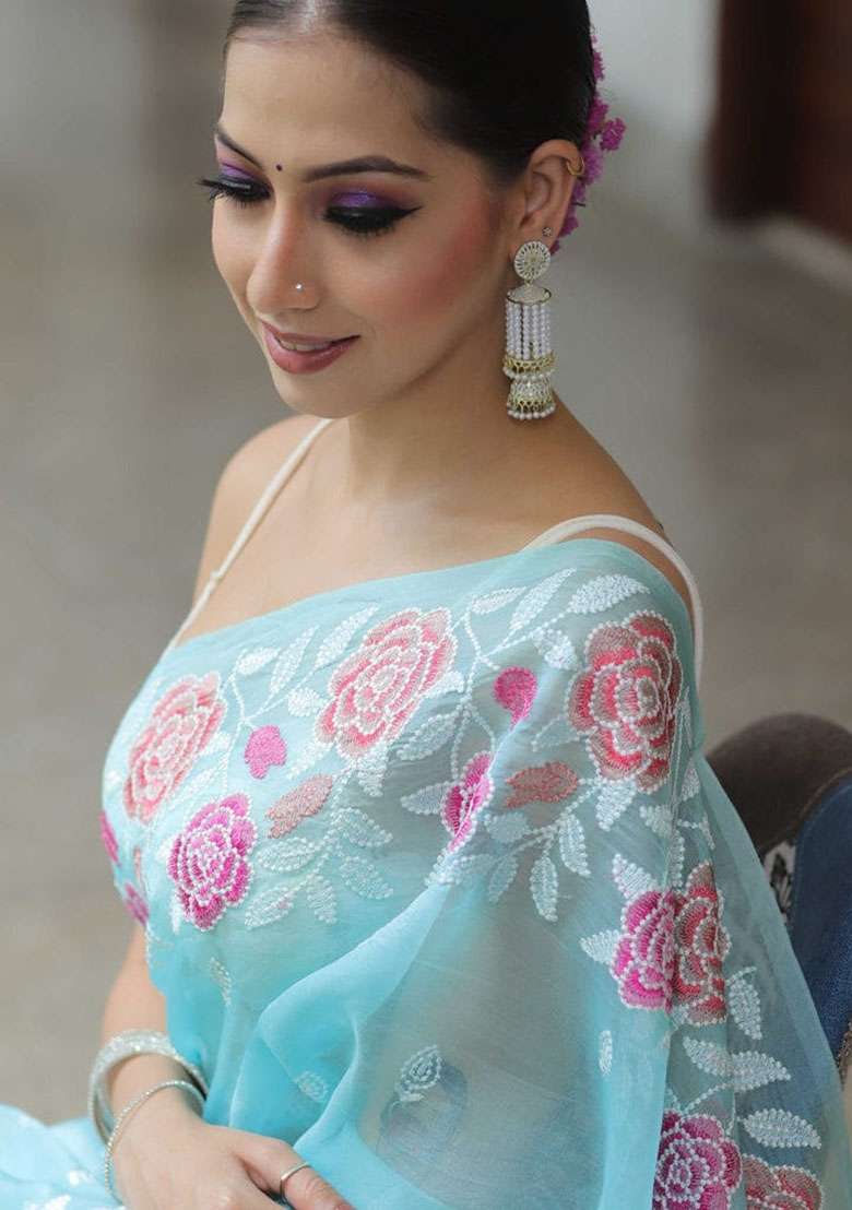 Sky Blue Designer Multy Thread Embroidery Work Organza Saree Set - Indya