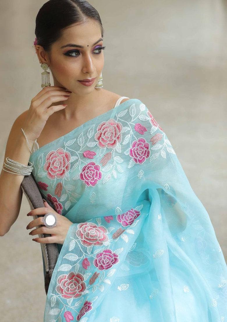 Sky Blue Designer Multy Thread Embroidery Work Organza Saree Set