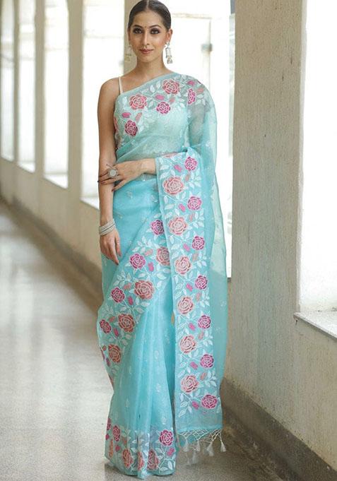 Sky Blue Designer Multy Thread Embroidery Work Organza Saree Set