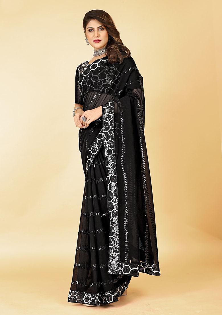 Black Designer Sequance Embroidery Work Georgette Saree Set