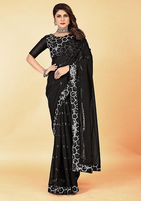 Black Designer Sequance Embroidery Work Georgette Saree Set