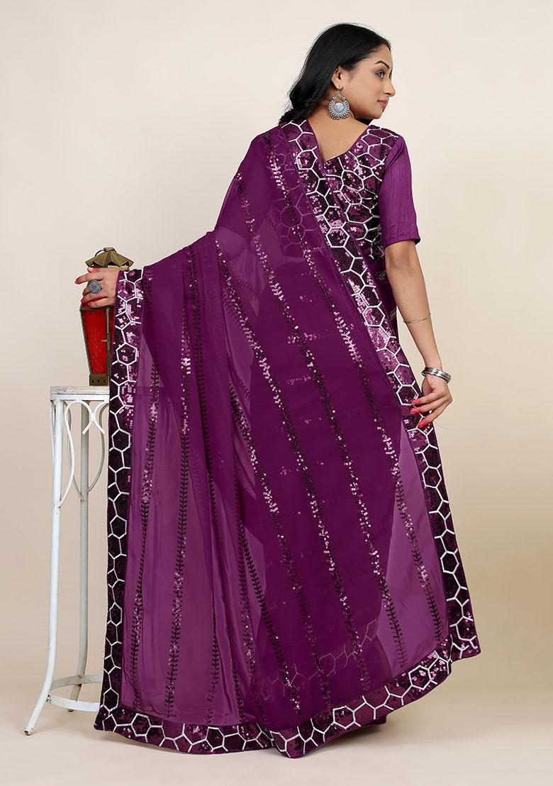 Purple Designer Sequance Embroidery Work Georgette Saree Set