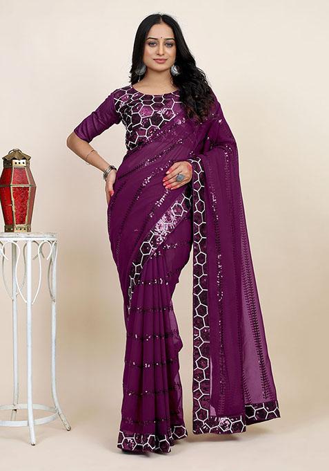 Purple Designer Sequance Embroidery Work Georgette Saree Set