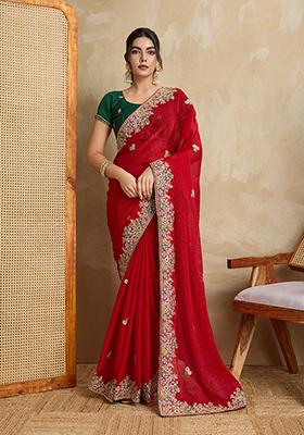 Red Designer Embroidery Work Frendy Chiffon Saree Set