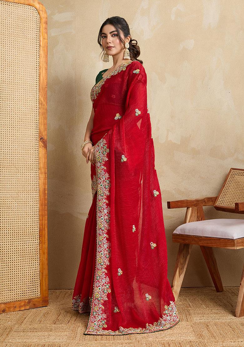 Red Designer Embroidery Work Frendy Chiffon Saree Set