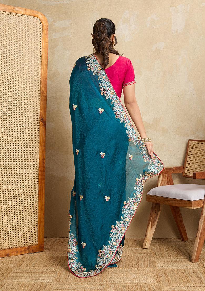 Teal Blue Designer Embroidery Work Frendy Chiffon Saree Set