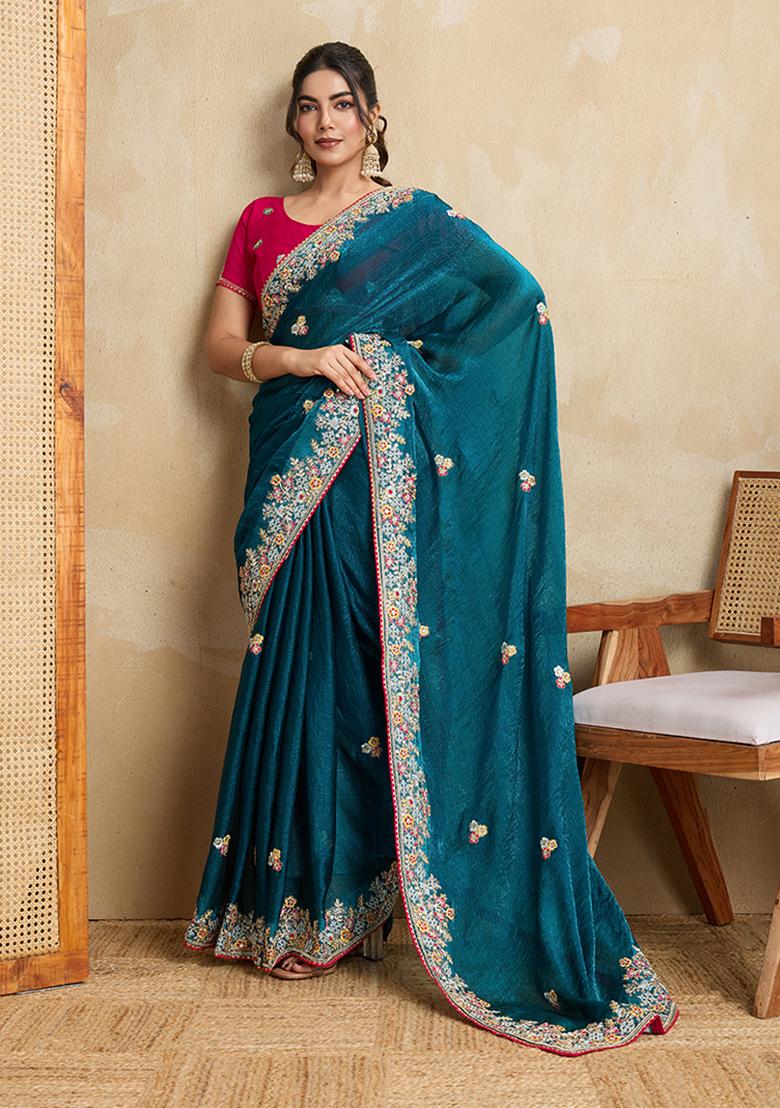 Teal Blue Designer Embroidery Work Frendy Chiffon Saree Set