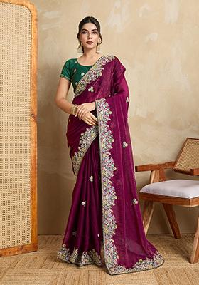 Purple Designer Embroidery Work Frendy Chiffon Saree Set