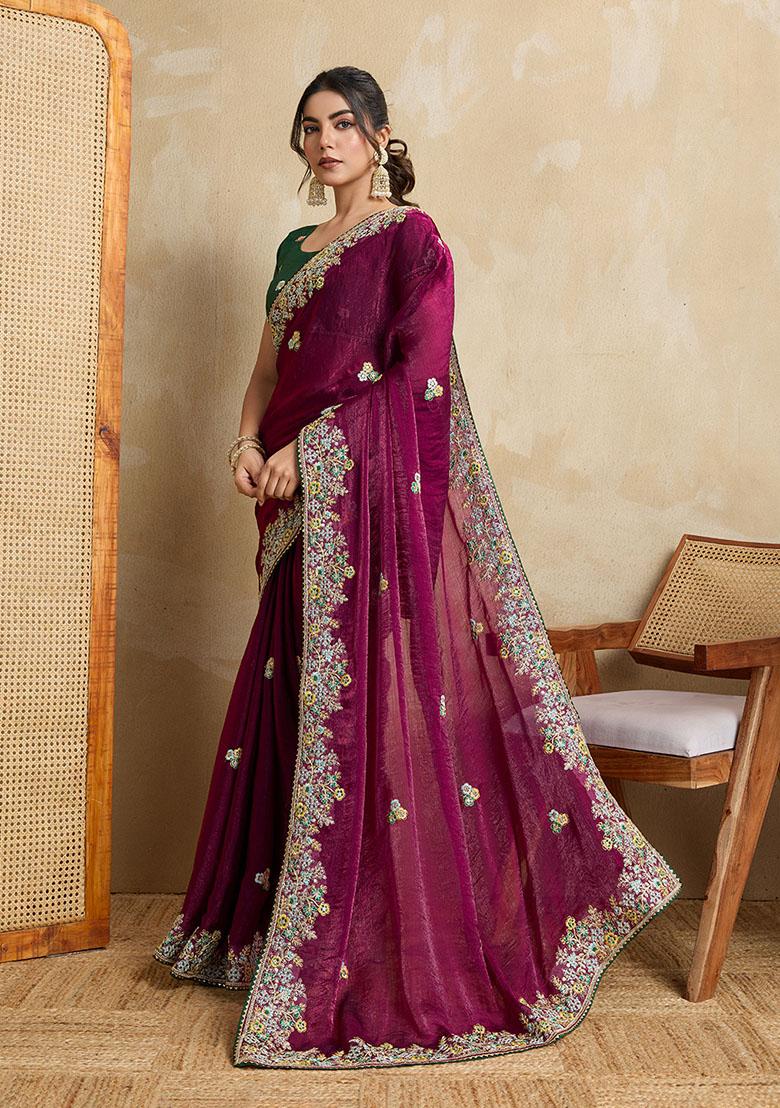 Purple Designer Embroidery Work Frendy Chiffon Saree Set