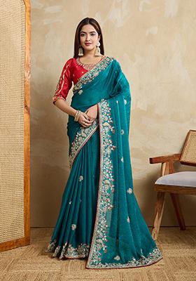 Teal Green Designer Embroidery Work Frendy Chiffon Saree Set