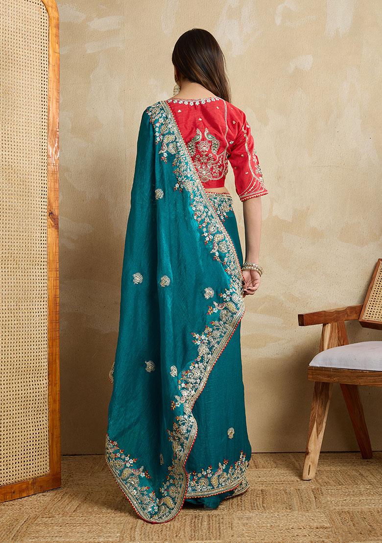 Teal Green Designer Embroidery Work Frendy Chiffon Saree Set