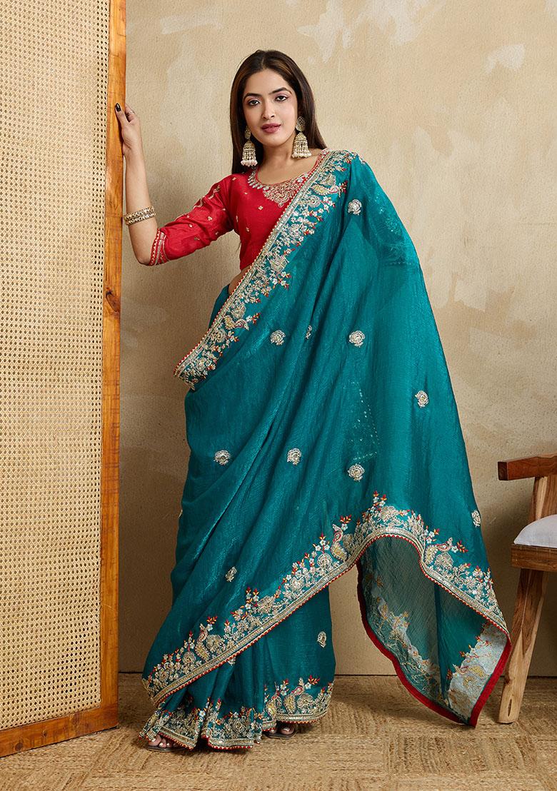 Teal Green Designer Embroidery Work Frendy Chiffon Saree Set