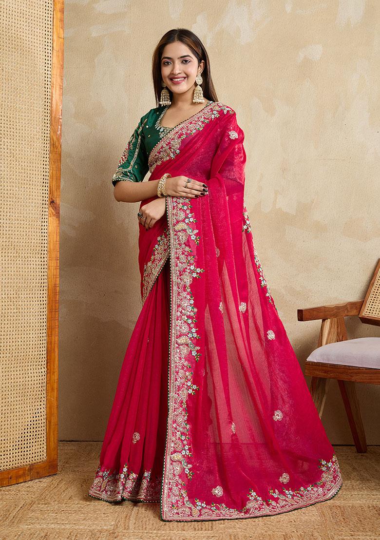 Pink Designer Embroidery Work Frendy Chiffon Saree Set