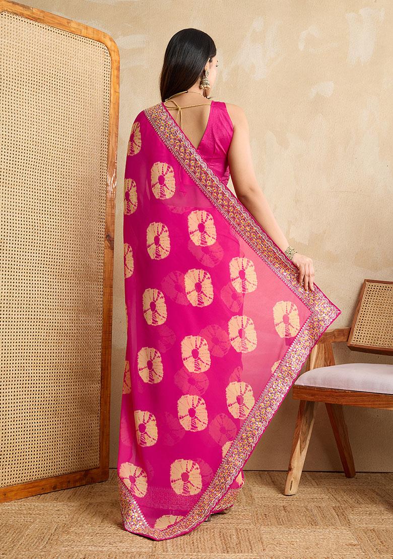 Pink Printed Designer And Embroidery Work Lace Border Georgette Saree Set