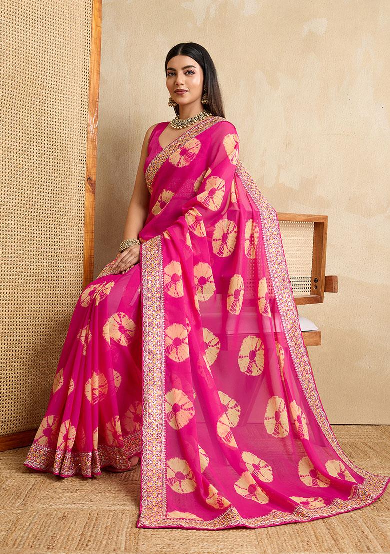 Pink Printed Designer And Embroidery Work Lace Border Georgette Saree Set