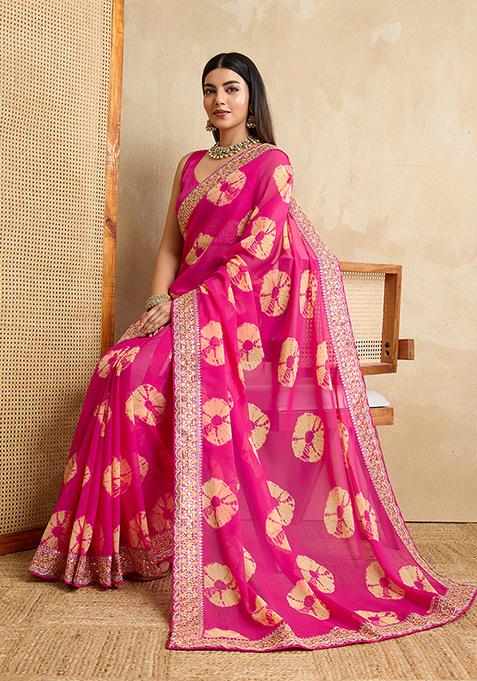 Pink Printed Designer And Embroidery Work Lace Border Georgette Saree Set