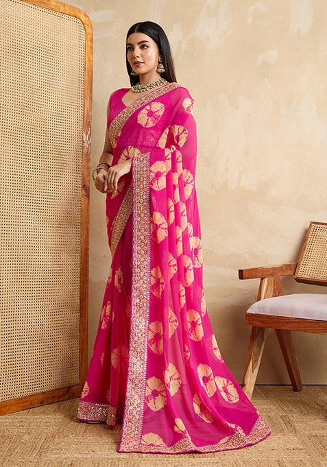 Pink Printed Designer And Embroidery Work Lace Border Georgette Saree Set