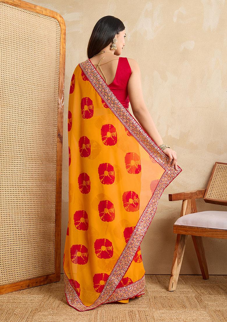 Yellow Printed Designer And Embroidery Work Lace Border Georgette Saree Set